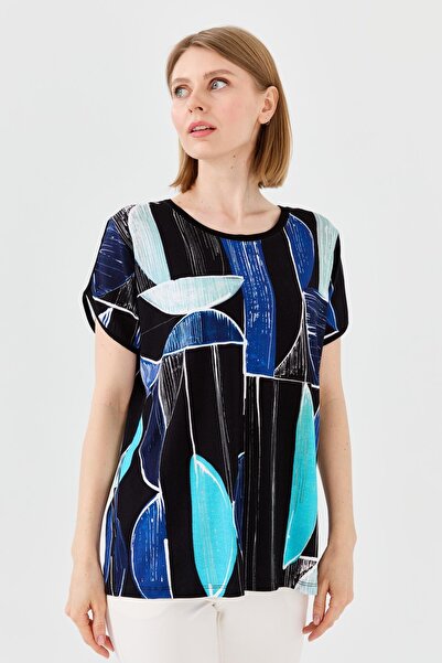 Desen Triko Γυναικείο μπλουζάκι με ριγέ μανίκια με λαιμόκοψη μπλε ναυτικό