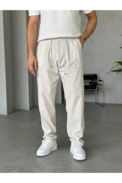 FO4RBS Gabardin İp Mi ve Pile Detaylı Baggy Kumaş Pantolon - Taş