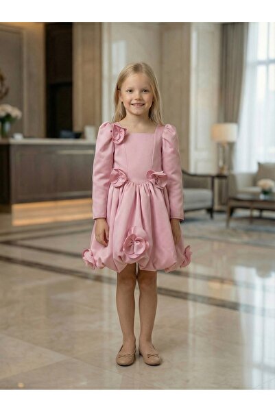 She Dress By Kubra Aksoy Kız Çocuk 23 Nisan Özel Seri Pembe Çiçek Detaylı Uzu...