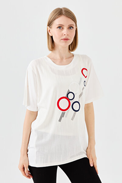 Desen Triko Γυναικείο μπλουζάκι με μοτίβο με κρίκο με λαιμόκοψη από βαμβακερό...