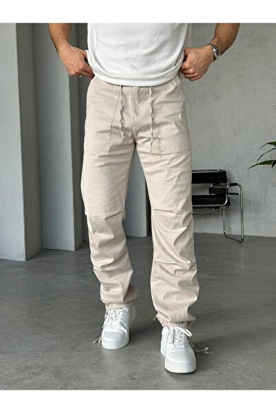FO4RBS İp Paça Detaylı Gabardin Kumaş Baggy Pantolon - Taş