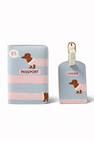 Ecrou Long Dog Patterned Passport Cover and Luggage Tag