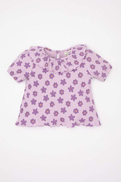 DeFacto Ruffle Collar Floral Waffle Short Sleeve T-Shirt Baby Girl C9504A524Sm