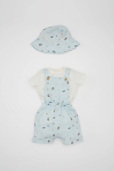 DeFacto Printed Muslin 3 Piece Set for Baby Boy - Short Sleeve T-Shirt, Salop...