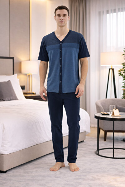 YUYİ Kly V-Neck Front Buttoned Short Sleeved Men's Pajama Set 26154