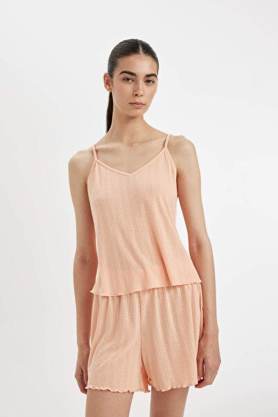 DeFacto Pajama Set Cotton Pieces - Top with Straps and Elastic Waist Shorts -...