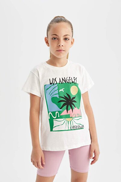 DeFacto Tricou cu mânecă scurtă imprimat cu gât rotund pentru fete D0868A824HS