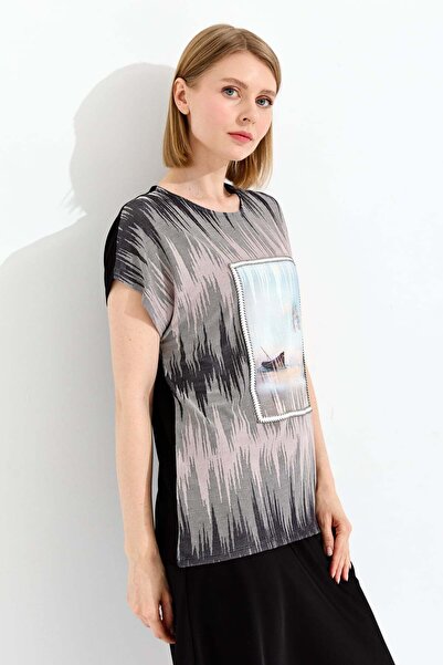 Desen Triko Tricou de damă cu decolteu și model din bumbac pieptănat, negru