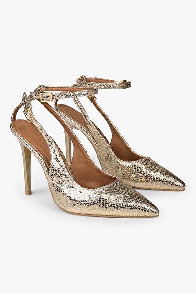 Shoeberry Γυναικείο στιλέτο με ζώνη με μοτίβο φιδιού Mila Gold