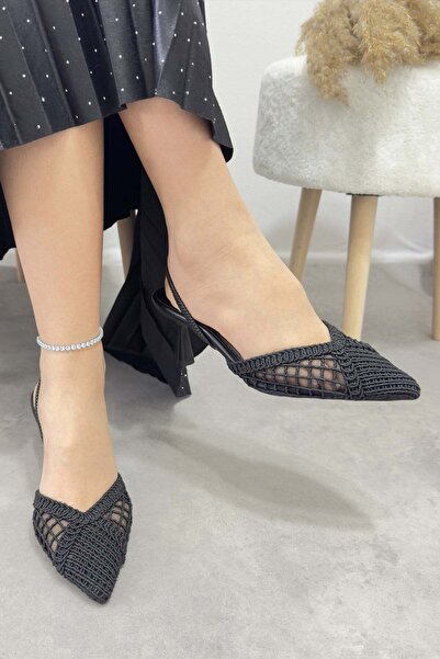 Modezya Daisy black lace pointed toe elastic back women's high heel shoes