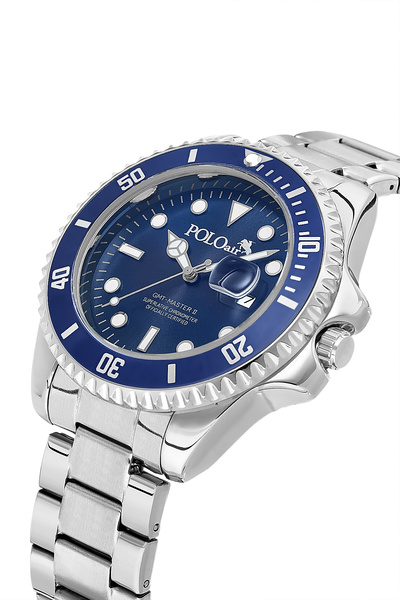 Polo Air ساعة يد رجالية بعلبة دوارة مع تقويم وعدسة، لون فضي وأزرق داكن PL-098...