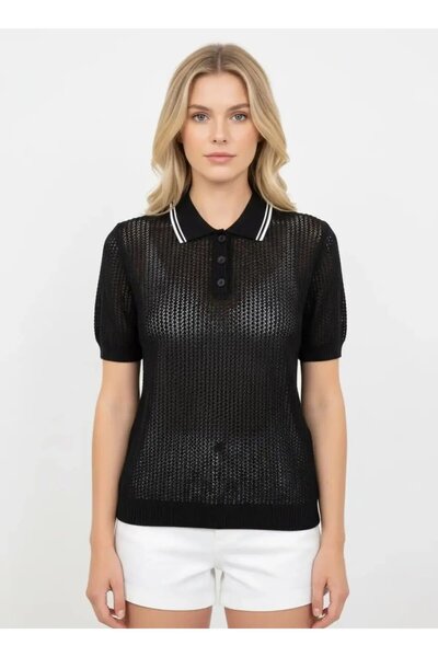 Park Karon Women's Polo Collar Knitted Detail Buttoned Knitwear Sweater 12468