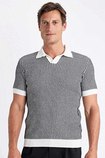 DeFacto Standard Fit Regular Fit Polo Neck Striped Short Sleeve Knitwear T-Sh...