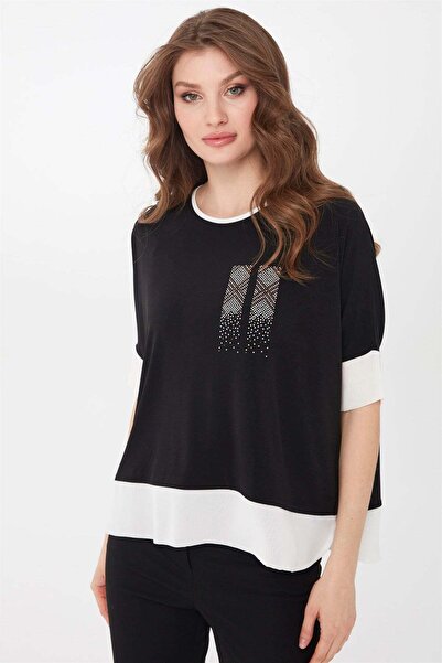 Desen Triko Kadın Sıfır Yaka Şifonlu Bluz Siyah