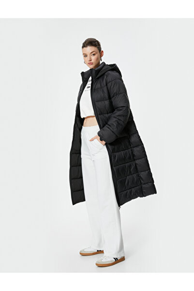 Koton Uzun Şişme Mont Kapüşonlu Fermuarlı Cepli Dolgulu Su İtici