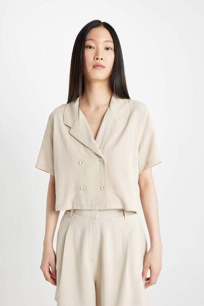 DeFacto Cropped Fıt Polo Yaka Keten Karışımlı Kısa Kollu Gömlek C8574AX24SM