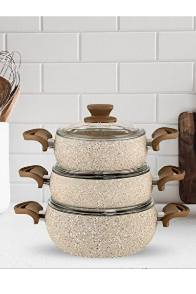 LAVONNI SOİL- 6 Parça Granit Üçlü Güveç Tencere Seti - Cappuccino
