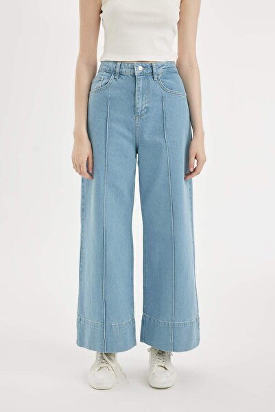 DeFacto جينز قصير عالي الخصر بطول الكاحل - ساق واسعة، بنطلون قابل للغسل D2434...