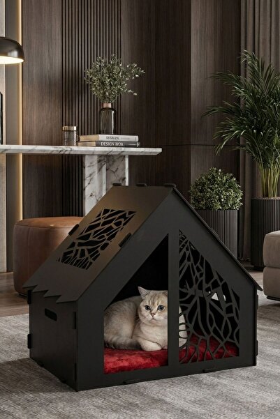 StarLightning Ahşap Büyük Kedi Yatağı Premium Kalite Siyah Kedi Evi 50x35 Cm ...