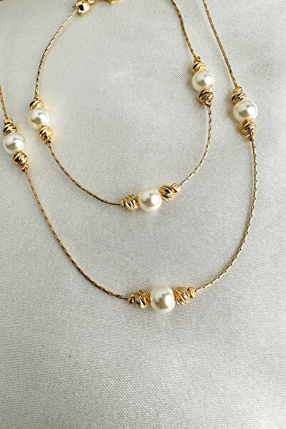 Modex Pearl Detail Dorika Thin Chain Necklace & Bracelet Set