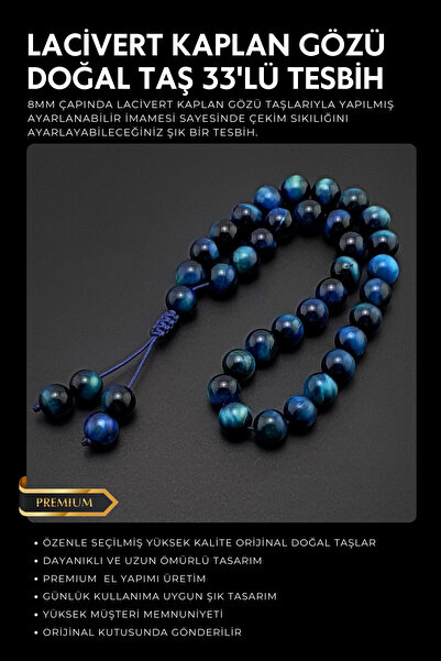 Seven Art Jewelry Orijinal Doğal Taş Tesbih, 8mm Lacivert Kaplan Gözü Taşı 33...