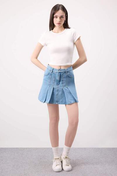 DeFacto Fashion Fit Pleated Jean Mini Skirt B9853AX24SM