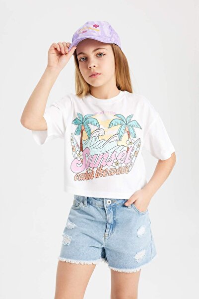 DeFacto Crew Neck Printed Short Sleeve T-Shirt Girls B5171A824Hs