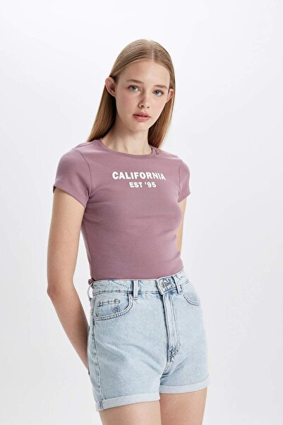 DeFacto Εφαρμοστό μπλουζάκι με λαιμόκοψη ποδηλάτου και στάμπα, με κοντά μανίκ...