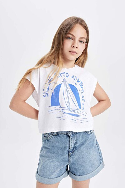 DeFacto Crop Crew Neck Μπλουζάκι με θαλάσσιο σχέδιο και κοντό μανίκι για κορί...