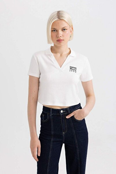 DeFacto Fitted Polo Neck Printed Short Sleeve White T-Shirt C7655Ax24Sm