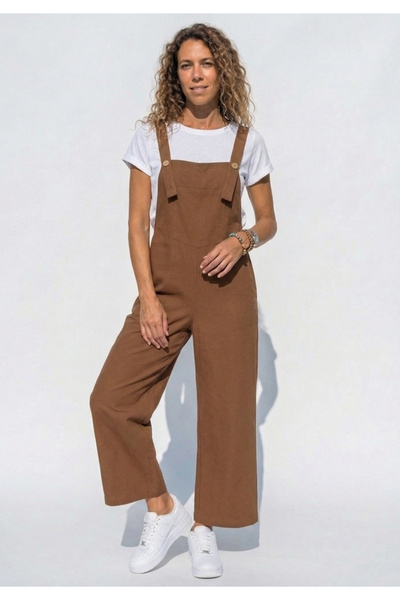 Little Visqon Kadın Kahverengi Geniş Paça Keten Görünümlü Bahçıvan Askılı Rah...