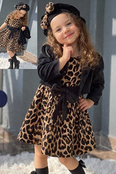 ELAFOR Дівчача сукня з леопардовим принтом, поясом і бантиком, вельветовим пі...