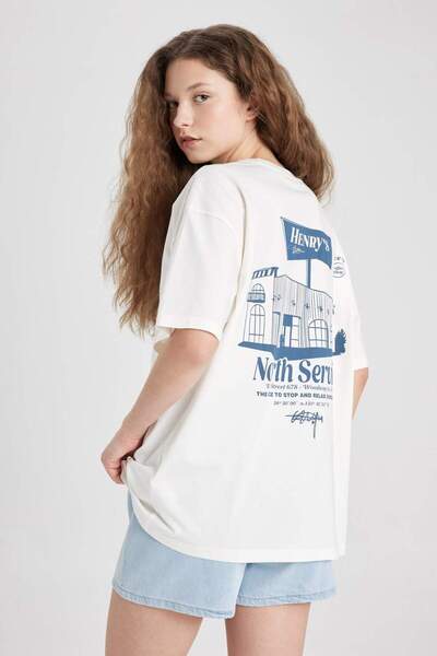 DeFacto Oversize Wide Fit Crew Neck Back Printed Short Sleeve T-Shirt C5959Ax...