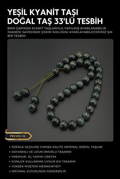 Seven Art Jewelry Orijinal Doğal Taş 8mm Yeşil Kyanit Taşı 33'lü Tesbih, Erke...