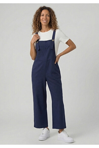 Little Visqon Kadın Lacivert Geniş Paça Keten Görünümlü Bahçıvan Askılı Rahat...