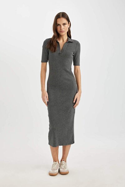 DeFacto Rochie midi cu mânecă scurtă, cu gât polo, cu nervuri, C2893AX24SP