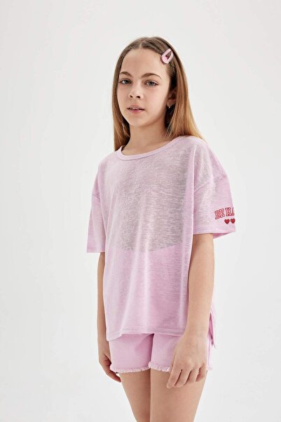 DeFacto Υπερμεγέθης φαρδιά μπλούζα με στάμπα και κοντό μανίκι για κορίτσια C4...