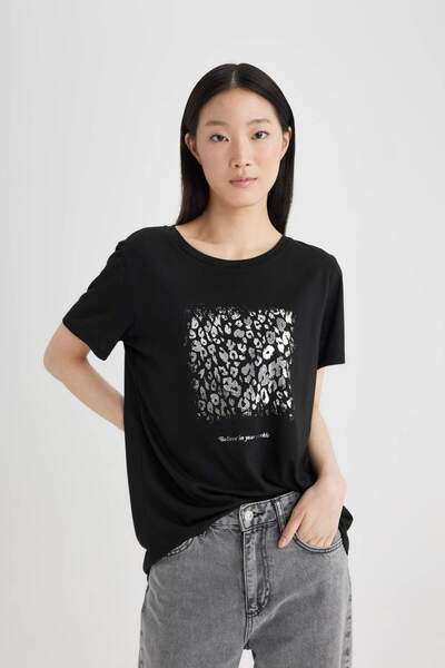 DeFacto Crew Neck Foil Printed Short Sleeve T-Shirt C2124AX24SP