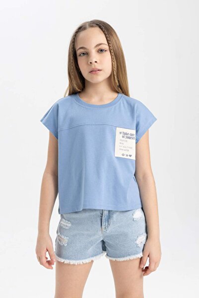 DeFacto تي شيرت بأكمام قصيرة وياقة دائرية وطباعة بوكسي فيت للفتيات C4507A824SM