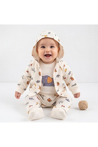 ALAMODECOR Pamuklu Hayvan Alemi Desenli 3'lü Erkek Bebek Takımı - Kapüşonlu S...