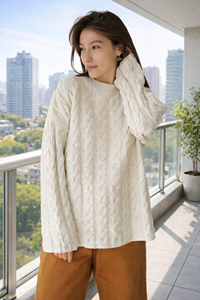 Butik Una Fiaba -Culoare Ecru supradimensionat Pulover pentru femei cu textur...