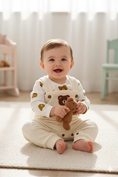 babyist Babynova Teddy Bear Patterned Unisex Baby Salopet Jumpsuit