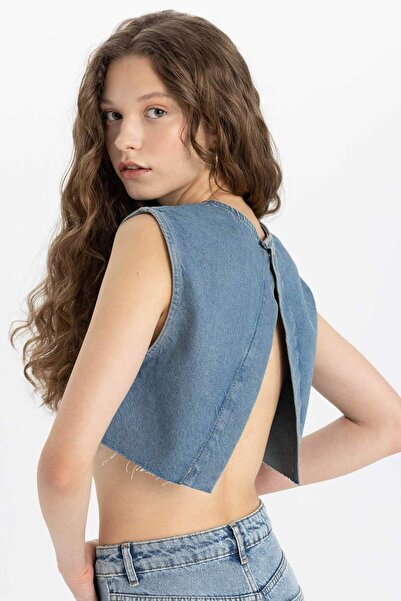 DeFacto Crop Back Low-Cut Jean Blouse C1420Ax24Sm