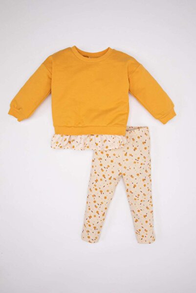 DeFacto Kız Bebek 2li Takım Çiçekli Uzun Kollu Fitilli Kaşkorse Sweatshirt Ta...