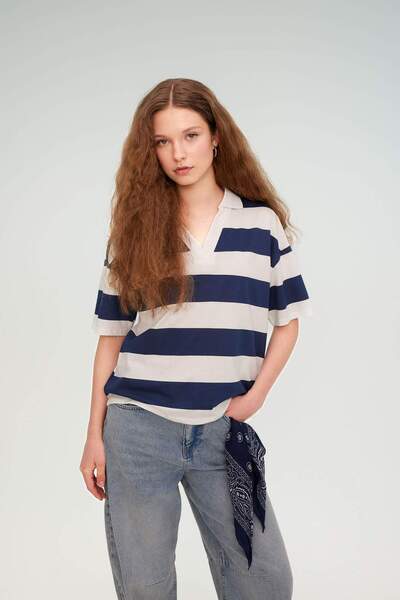 DeFacto Relax Fit Çizgili Penye Kısa Kollu Polo Tişört C4072AX24SP