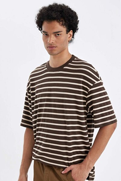 DeFacto Μπλουζάκι από βαρύ ύφασμα με ριγέ κοντό μανίκι με λαιμόκοψη B5910ax24sp