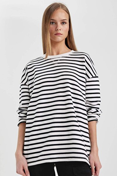 DeFacto Oversize Wide Fit Crew Neck Striped Thick Long Sleeve T-Shirt C4569Ax...