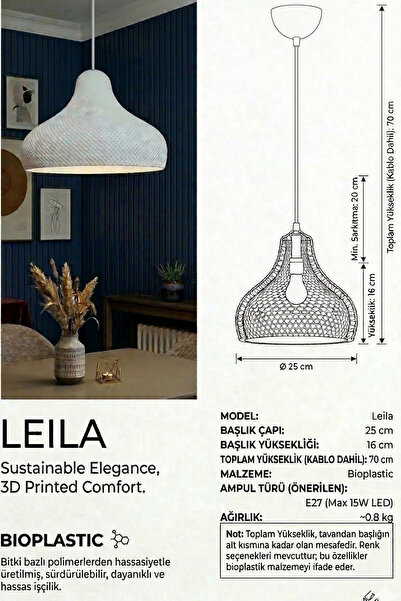 decory Leila Beyaz Yatak Odası, Mutfak, Yemek Masası, Cafe,Tekli Sarkıt Avize (Bioplastik)
