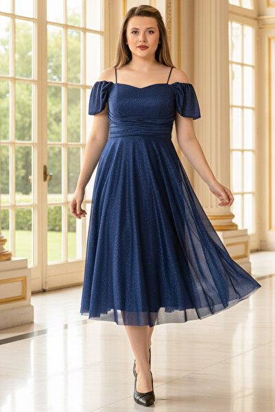 Modaviki Askılı Simli Abiye Elbise Lacivert MDV376