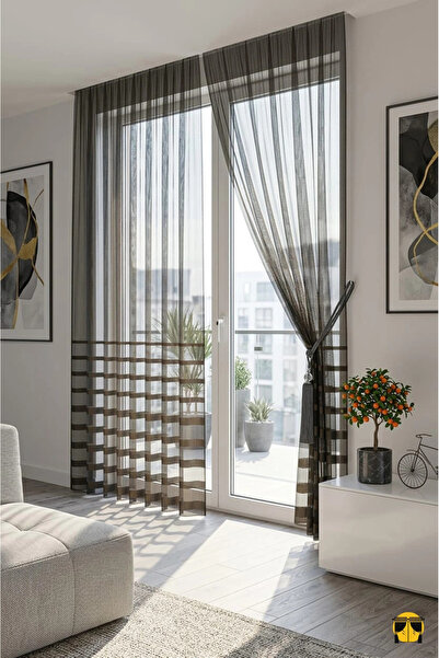 Ran Perde Şerit Desenli File Tül Perde - Koyu Kahve- Pileli Dikim - 1e2,5 Pile